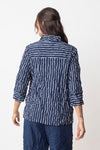 LIV by Habitat Crimped Angle Pocket Tunic in Navy with white stripes. Convertible collar 3/4 sleeve top with tulip hem. Button down. Bi-directional stripes in front; vertical only in back. Single front angled patch pocket. Relaxed fit._t_35203581313224