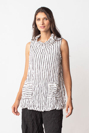 LIV by Habitat Crimped Split Collar Tunic in White with Black vertical stripes.  Convertible wired cowl with split neck.  Sleeveless with high armhole.  2 front patch pockets with diagonal zipper trim.  A line shape.  Relaxed fit._35203433234632