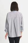 Planet Raglan Stripe Shirt in narrow black and white stripes. Pointed collar button down. Dolman long sleeves. Front yoke diagonal seam detail. Back yoke. Center back inverted pleat. One size fits many. Oversized fit._t_34270449828040