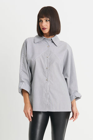 Planet Raglan Stripe Shirt in narrow black and white stripes.  Pointed collar button down.  Dolman long sleeves.  Front yoke diagonal seam detail.  Back yoke.  Center back inverted pleat.  One size fits many.  Oversized fit._34270449860808