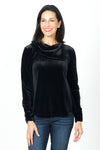 Sno Skins Velvet Drape Collar Top in Black.  Foldover draped collar.  Long sleeves.  A line swing shape.  High low hem. Relaxed fit._t_34624216989896