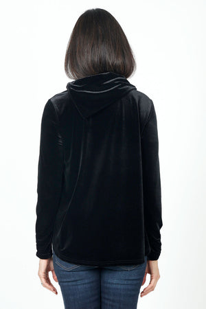 Sno Skins Velvet Drape Collar Top in Black. Foldover draped collar. Long sleeves. A line swing shape. High low hem. Relaxed fit._34624216957128