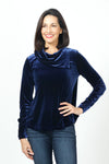 Sno Skins Velvet Drape Collar Top in Sapphire. Foldover draped collar. Long sleeves. A line swing shape. High low hem. Relaxed fit._t_34624217022664