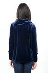 Sno Skins Velvet Drape Collar Top in Sapphire. Foldover draped collar. Long sleeves. A line swing shape. High low hem. Relaxed fit._t_34624216924360