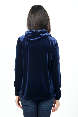 Sno Skins Velvet Drape Collar Top in Sapphire. Foldover draped collar. Long sleeves. A line swing shape. High low hem. Relaxed fit._34624216924360