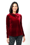Sno Skins Velvet Drape Collar Top in Garmet. Foldover draped collar. Long sleeves. A line swing shape. High low hem. Relaxed fit._t_34624217055432