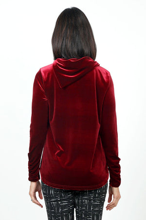 Sno Skins Velvet Drape Collar Top in Garmet. Foldover draped collar. Long sleeves. A line swing shape. High low hem. Relaxed fit._34624217088200