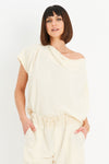 Planet Peachskin Top in Butter. Boatneck dolman short sleeve top.  Off the shoulder.  Boxy shape.  Side slits.  One size fits many._t_34903031283912
