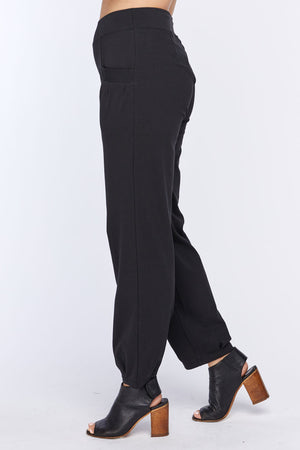 Neon Buddha Relaxed Pant in Black. Drop waist pull on pant. Straight leg that tapers to a pleated hem. 2 front pleated pockets. 28" inseam._34558183538888