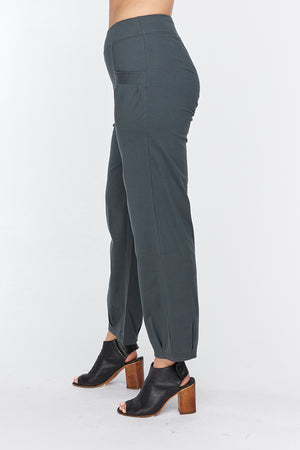 Neon Buddha Relaxed Pant in Gray. Drop waist pull on pant. Straight leg that tapers to a pleated hem. 2 front pleated pockets. 28" inseam._34558183473352