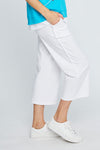 Neon Buddha Classic Wide Leg Capri in White. 2" waistband pull on pant with side slash pockets and wide legs. 11" leg opening. 23 1/2" inseam._t_35323586642120