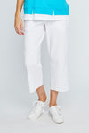 Neon Buddha Classic Wide Leg Capri in White. 2" waistband pull on pant with side slash pockets and wide legs. 11" leg opening. 23 1/2" inseam._t_35323586904264