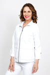 Neon Buddha Cargo Pocket Jacket in White. Stand collar zip front jacket with long raglan sleeve. Roll tabs on sleeves. Tab & button trim at sides. Waist inset covers top of cargo pockets. High low hem; straight in front, curved at back. Relaxed fit._t_35408248176840