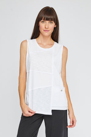 Neon Buddha Tank Top with Pocket in White.  Crew neck sleeveless tank with off center seaming.  Piece construction with cotton and stretch jersey.  Single front button pocket.  Step hem. Relaxed fit._35323305033928
