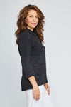 Neon Buddha Raw Seams Shirt in Black. Pointed collar button down with metallic novelty buttons. 3/4 sleeve with button cuff. High low hem. Waffle weave with pieced front. Relaxed fit._t_35323954397384