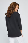 Neon Buddha Raw Seams Shirt in Black. Pointed collar button down with metallic novelty buttons. 3/4 sleeve with button cuff. High low hem. Waffle weave with pieced front. Relaxed fit._t_35323954331848