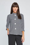 Neon Buddha Textured Stripe Jacket in Black.  Black white and gray textured horizontal stripes.  Stand collar button down jacket with mother of pearl buttons.  3/4 sleeve with split cuff with vertical stripes.  High low hem. Relaxed fit._t_35335551287496