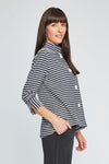 Neon Buddha Textured Stripe Jacket in Black. Black white and gray textured horizontal stripes. Stand collar button down jacket with mother of pearl buttons. 3/4 sleeve with split cuff with vertical stripes. High low hem. Relaxed fit._t_35335551254728