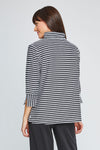 Neon Buddha Textured Stripe Jacket in Black. Black white and gray textured horizontal stripes. Stand collar button down jacket with mother of pearl buttons. 3/4 sleeve with split cuff with vertical stripes. High low hem. Relaxed fit._t_35335551221960