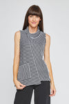 Neon Buddha Striped Cowl Tank Top in Black.  Textured multi directional stripes in black white and gray.  Asymmetric diagonal seams front and back.  Cowl neck sleeveless tank.  Step hem.  Single front patch pocket.  A line shape. Relaxed fit._t_35335646904520