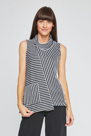 Neon Buddha Striped Cowl Tank Top in Black.  Textured multi directional stripes in black white and gray.  Asymmetric diagonal seams front and back.  Cowl neck sleeveless tank.  Step hem.  Single front patch pocket.  A line shape. Relaxed fit._35335646904520