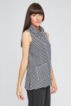 Neon Buddha Striped Cowl Tank Top in Black. Textured multi directional stripes in black white and gray. Asymmetric diagonal seams front and back. Cowl neck sleeveless tank. Step hem. Single front patch pocket. A line shape. Relaxed fit._t_35335646773448
