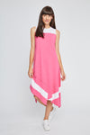 Neon Buddha Mystic Dress in Punch PInk.  Crew neck sleeveless dress with white color block detail in slub cotton.  Asymmetric handkerchief hem. Asymmetric inset panels.  Relaxed fit._t_35334399295688