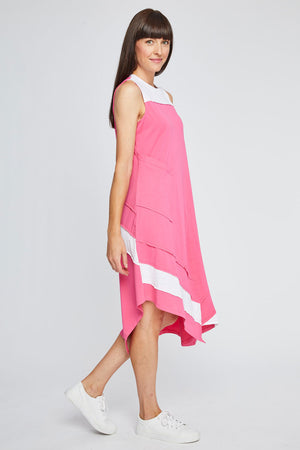 Neon Buddha Mystic Dress in Punch PInk. Crew neck sleeveless dress with white color block detail in slub cotton. Asymmetric handkerchief hem. Asymmetric inset panels. Relaxed fit._35334399328456