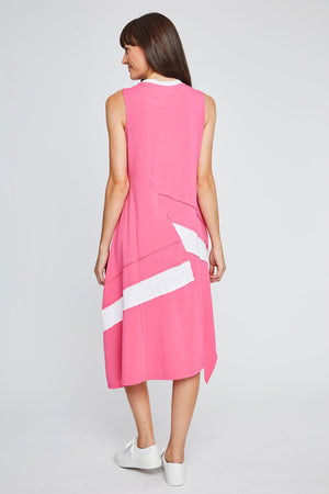 Neon Buddha Mystic Dress in Punch PInk. Crew neck sleeveless dress with white color block detail in slub cotton. Asymmetric handkerchief hem. Asymmetric inset panels. Relaxed fit._35334399262920