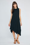 Neon Buddha Avalon Dress in Black.  Sleeveless crew neck dress with front yoke in slub cotton.  Asymmetric tiered, pieced hem with raw edges.  Single front patch pocket.  A line shape.  Relaxed fit._t_35352682954952