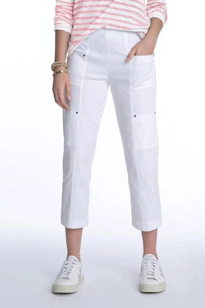 Elliott Lauren Cargo Pocket Pant in White. Double cargo pockets with stud detail. Pull on pant with elastic waist. Slim leg. 24" inseam._34300683026632