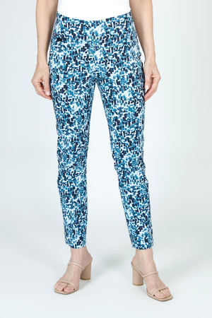 Lisette L Montreal Brick Ankle Pant in Multi shades of blue.  Miniature digital block print.  3" waistband pull on pant with tummy control.  Snug through stomach, hip and thigh.  Slim leg.  28" inseam._59950013219182
