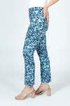 Lisette L Montreal Brick Ankle Pant in Multi shades of blue.  Miniature digital block print.  3" waistband pull on pant with tummy control.  Snug through stomach, hip and thigh.  Slim leg.  28" inseam._t_59950013251950