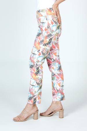 Lisette L Montreal Love Graffiti Ankle Pant in Multi. Multi colored graffiti print with heart motif.  3" waistband pull on pant with tummy control.  Snug through the stomach and hip and slim through leg.  28" inseam._59949950763374