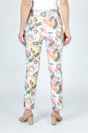 Lisette L Montreal Love Graffiti Ankle Pant in Multi. Multi colored graffiti print with heart motif.  3" waistband pull on pant with tummy control.  Snug through the stomach and hip and slim through leg.  28" inseam._t_59949950697838