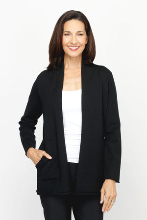 Metric Open Cardi with Pockets in Black. Open front knit with long sleeves and front pouch pockets with rib trim.  Rolled edges.  Relaxed fit._61201741087086