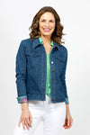 Frederique Denim Floral Scarf Jacket.  Medium blue denim jean jacket with floral scarf inset in back.  Scarf linining on inner button placket and cuff. Relaxed fit._t_35065939361992