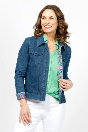 Frederique Denim Floral Scarf Jacket. Medium blue denim jean jacket with floral scarf inset in back. Scarf linining on inner button placket and cuff. Relaxed fit._35065939329224