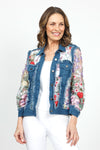 Frederique Multi Floral Embroidered Denim Jacket in Denim Blue. Hybrid mesh and denim jacket with embroidered  flowers on mesh inserts. Jean jacket styling. Button front, long sleeve jacket with metal button closures. Classic fit._t_34919069876424