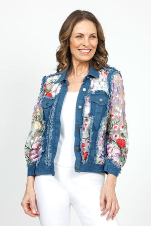 Frederique Multi Floral Embroidered Denim Jacket in Denim Blue. Hybrid mesh and denim jacket with embroidered  flowers on mesh inserts. Jean jacket styling. Button front, long sleeve jacket with metal button closures. Classic fit._34919069876424