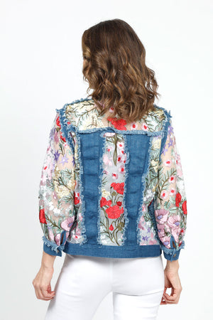 Frederique Multi Floral Embroidered Denim Jacket in Denim Blue. Hybrid mesh and denim jacket with embroidered flowers on mesh inserts. Jean jacket styling. Button front, long sleeve jacket with metal button closures. Classic fit._34919069909192