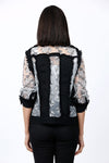 Frederique Embroidered Flower Denim Jacket in Black. Denim jacket with strips of embroidered floral mesh. Denim jacket._t_34815195447496