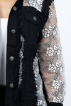 Frederique Embroidered Flower Denim Jacket in Black. Denim jacket with strips of embroidered floral mesh. Denim jacket._t_34815195414728