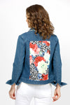 rederique Denim Mixed Animal Scarf Jacket. Medium blue denim jean jacket with animal print scarf inset in back. Scarf lining on inner button placket and cuff. Relaxed fit._t_35065947783368