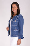 Frederique 4 Pocket Denim Jacket. Crew neck collarless jacket with hook and eye closures. Long sleeves with split cuffs. 4 front pockets with gold button trim. Fringed detail in front and around neckline and hem. Contour seaming with fringed edges. Classic fit._t_34338147696840