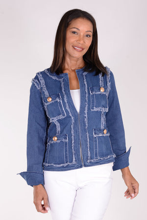 Frederique 4 Pocket Denim Jacket.  Crew neck collarless jacket with hook and eye closures.  Long sleeves with split cuffs.  4 front pockets with gold button trim.  Fringed  detail in front and around neckline and hem.  Contour seaming with fringed edges.  Classic fit._34338147762376