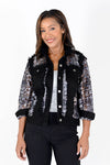 Frederique Flower Embossed Raw Seam Jacket in Black with gray and gold embossed mesh flowers. Jean jacket styling with mesh flower embossed inserts. Classic fit._t_34479334228168