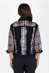 Frederique Flower Embossed Raw Seam Jacket in Black with gray and gold embossed mesh flowers. Jean jacket styling with mesh flower embossed inserts. Classic fit._t_34479334293704