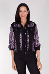 Frederique Flower Embossed Raw Seam Jacket in Black with plum and pink embossed mesh flowers.  Jean jacket styling with mesh flower embossed inserts.  Classic fit._t_34479334260936