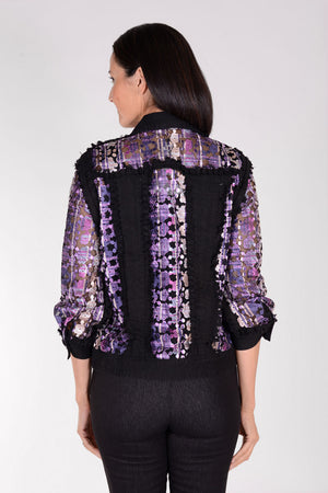 Frederique Flower Embossed Raw Seam Jacket in Black with plum and pink embossed mesh flowers. Jean jacket styling with mesh flower embossed inserts. Classic fit._34479334162632